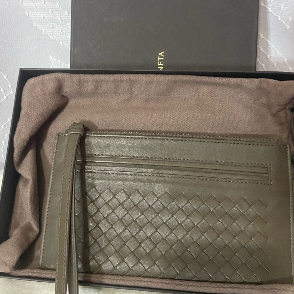 Bottega Veneta Taupe Leather Woven Clutch